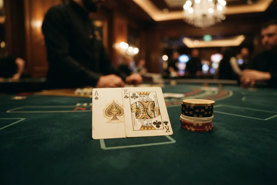 Een gedeelde blackjack hand op een groene tafel
