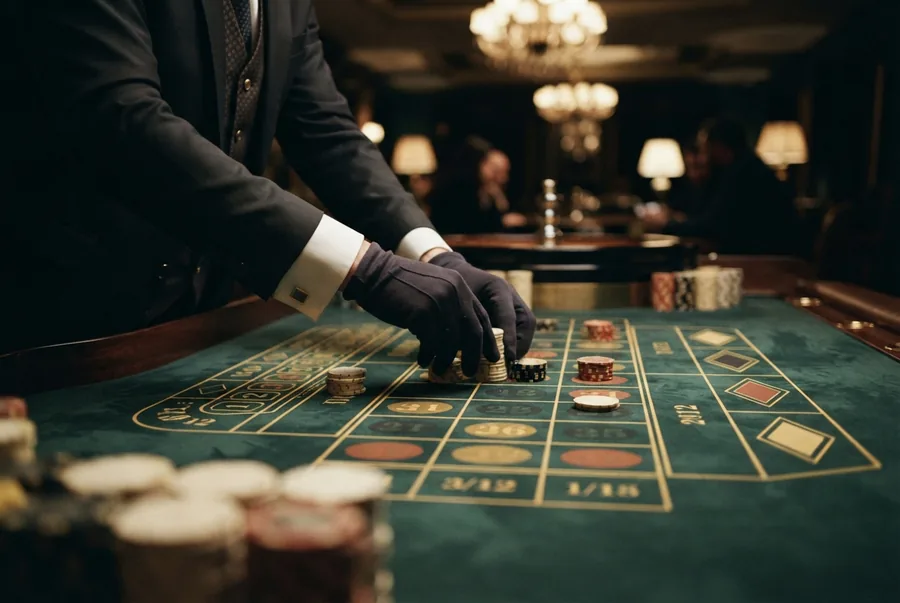 Handen van een croupier bij de roulettetafel